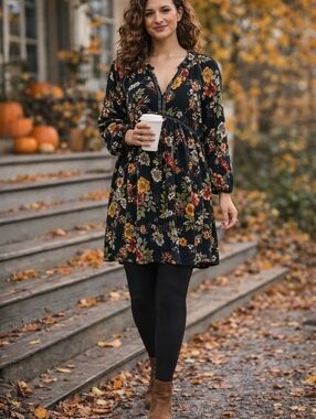 Umgee Black Floral Boho Tunic Dress Mini Dress Long Sleeve Size Large